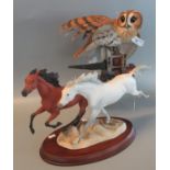 2 'The Franklin Mint' animal sculptures to include: The Tawny Owl and 2 Galloping Horses on wooden