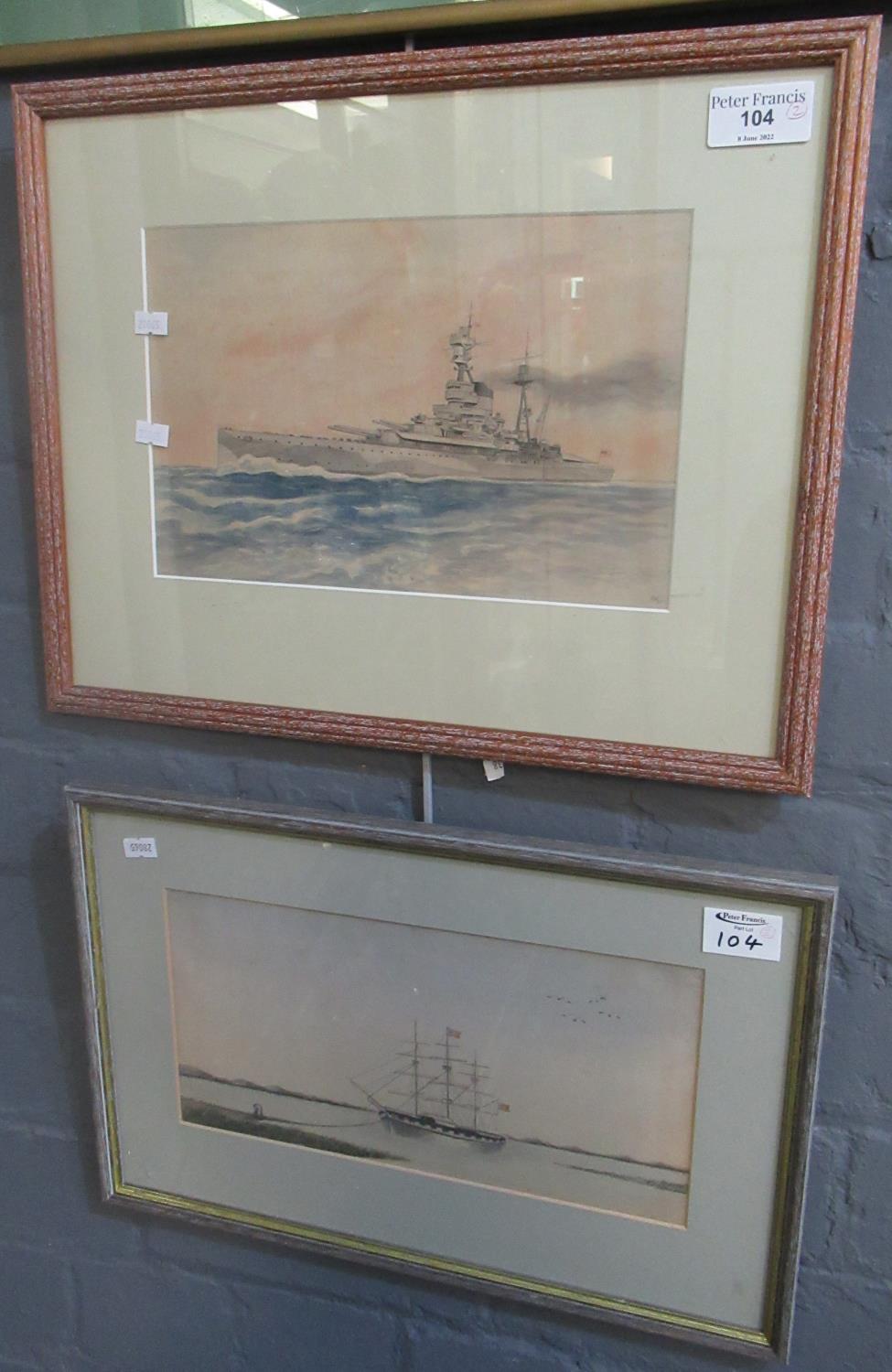 E. M. study of a British battle cruiser, signed with initials, dated '51, watercolours. Together