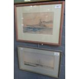 E. M. study of a British battle cruiser, signed with initials, dated '51, watercolours. Together