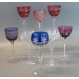Collection of clear and coloured glass flash cut and other hock wine glasses. (8) (B.P. 21% + VAT)