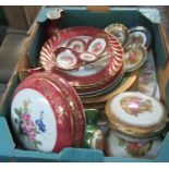 Box of various pieces of Limoges china, some miniature, including 3 lidded dishes, plates, miniature