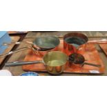 Selection of copper kitchen-ware to include: set of copper measures, copper saucepan with large