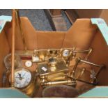 Box of various, mostly brass, items to include: brass desk calendar, brass blotter with stand,
