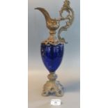 Classical design gilt metal single handled ewer jug, the glass having Bristol blue glass style body.