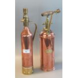 Vintage copper and brass pump action garden spray marked 'W T French & Son Ltd. Birmingham'.