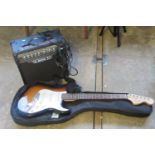 Squire six-sting electric guitar in fabric case, together with a line six practice amplifier. (2) (