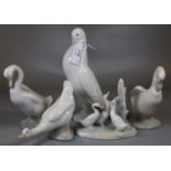 Collection of Nao Spanish porcelain bird figurines to include: Dove and Geese. (5) (B.P. 21% + VAT)