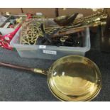 Box of assorted metalware to include: large copper warming pan with turned wooden handle, brass