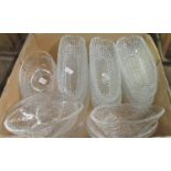 Box containing 10 retro moulded glass avocado dishes and 10 moulded glass sweetcorn dishes (