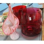 Art Glass Pink arum lily vase with streaked decoration and baluster base. 28cm high approx. Together