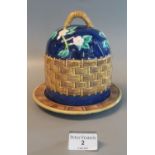 Majolica pottery stilton/cheese bell and stand with loop handle, overall decorated with flowers