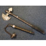 Two wall hanging reproduction weapons including a steel headed axe and a flail. (2) (B.P. 21% + VAT)