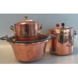 Collection of vintage copper items to include preserving pan with iron swing handle, lidded copper