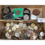 Box comprising GB world coins, tokens including 'Push the wheels of industry' round 1933, Euros,