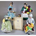 3 Royal Doulton bone china figurines, to include: 'The Old Balloon Seller', 'Eventide' and '