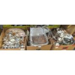 Three boxes of assorted metalware to include: large oval white metal tray, oblong chased white metal