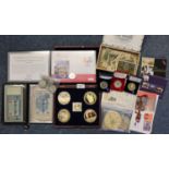 Box of assorted coins and banknotes to include 1oz silver proof 1 dollar, Australian Kookaburra