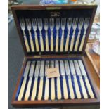 Boxed set of EPNS engraved, bone handled fish knifes and forks made by Walker and Hall, original