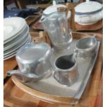 Tray of Picquot ware: melamine tray with wooden handles together with teapot, coffee pot, milk jug