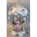 German Dresden style porcelain table lamp with florally encrusted mushroom shade above a base of