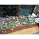 Two late 19th/early 20th century travelling vanity cases/dressing table boxes, both containing the