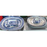 2 large Staffordshire blue and white 'Willow' pattern meat dishes and 2 smaller ones, a blue and