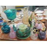 Tray of assorted glassware to include: Avondale glass paperweight, iridescent glass mushroom,