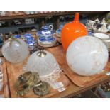 Selection of glass light fittings and a vase in orange glass with a narrow neck. Glass fittings to