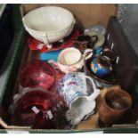 Box of assorted items to include: Adams and Co. Tunstall 'Chinese Ching' polychrome jug on a white