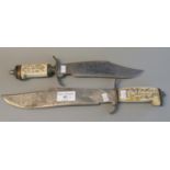 Two similar reproduction bowie knives with engraved horn grips and steel clipped blades. (2) (B.P.