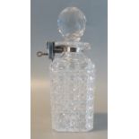 Unusual early 20th century glass hobnail cut square section decanter with stopper having silver