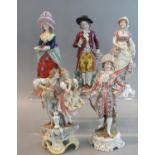 Five Continental porcelain figures and figure groups appearing in 18th century dress to include