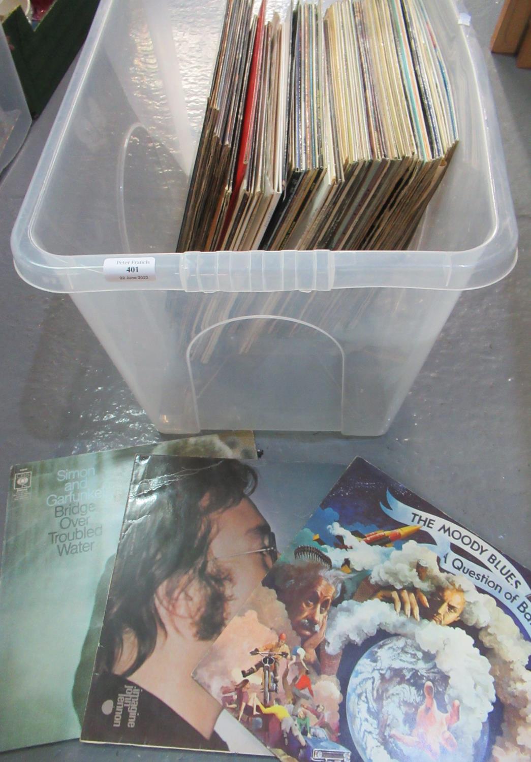 Box of vinyl LP records 33rpm to include: John Lennon 'Imagine', Simon and Garfunkel 'Bridge Over