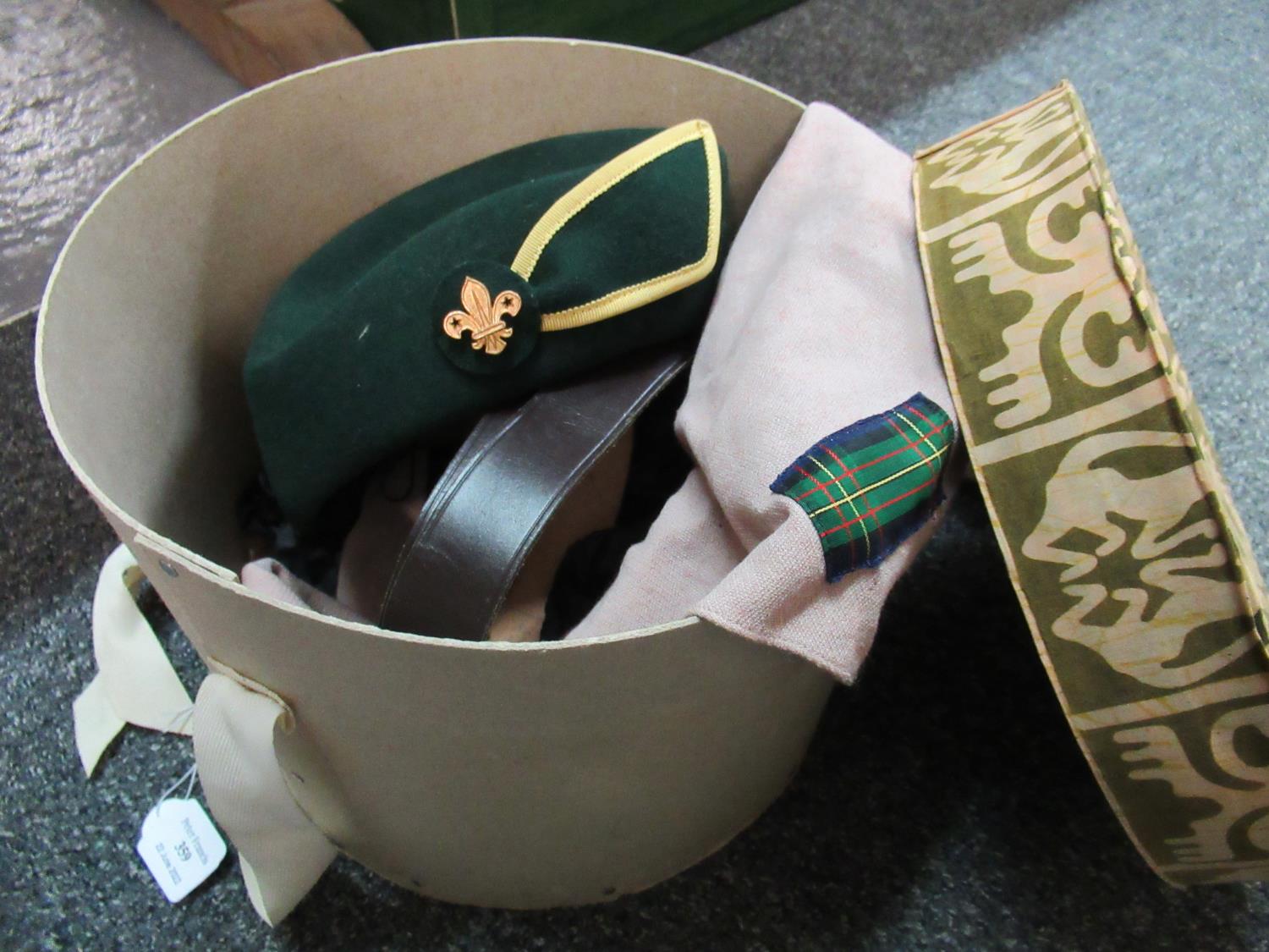Hat box containing Scouting Leader's cap, belt and neck scarf. (B.P. 21% + VAT)