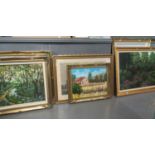 Group of modern furnishing pictures with landscapes and other topographical scenes, oils on