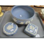 Three pieces of Wedgwood blue and white Jasperware, to include: a large pedestal bowl, and 2