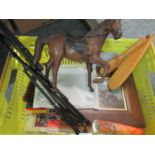 Box containing leather horse, metal music stand, map, 19th century style print of a racehorse and