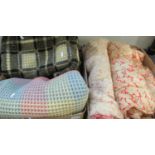 2 Boxes to include multicoloured honeycomb blanket and another check blanket together with some