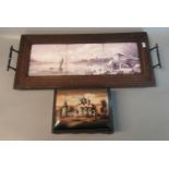 Tiled 2 handled tray with brass handles and oak frame, decorated with estuary scene. Together with a