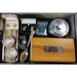 A collection of silver items including a pair of shell shaped salts, a pair of brushes, bangle