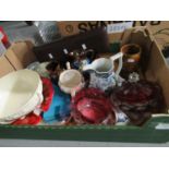 Box of assorted items to include: Adams and Co. Tunstall 'Chinese Ching' polychrome jug on a white