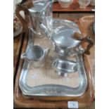 Tray of Picquot Ware, to include: fawn melamine tray with metal surround and wooden handles, tea pot
