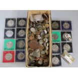 Box comprising GB world coins, tokens including 'Push the wheels of industry' round 1933, Euros,