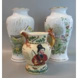 Pair of Franklin porcelain vases, 'Autumn and Spring Glen', together with a Crown Devon Fieldings