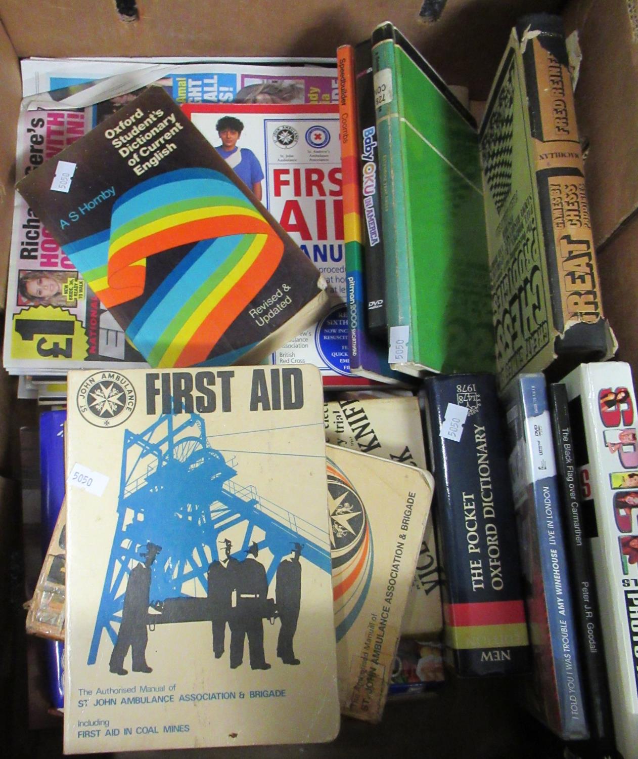 Box of assorted book to include dictionaries, first aid books, guide on diabetes, 'Great Games by