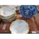 Set of six Limoges plates, florally decorated with a matching Limoges bowl and a Cauldon blue and