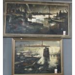 De Lachard, two harbour scenes, signed and dated '58. Oils on canvas. 49 x 100cm & 48 x 70cm approx.