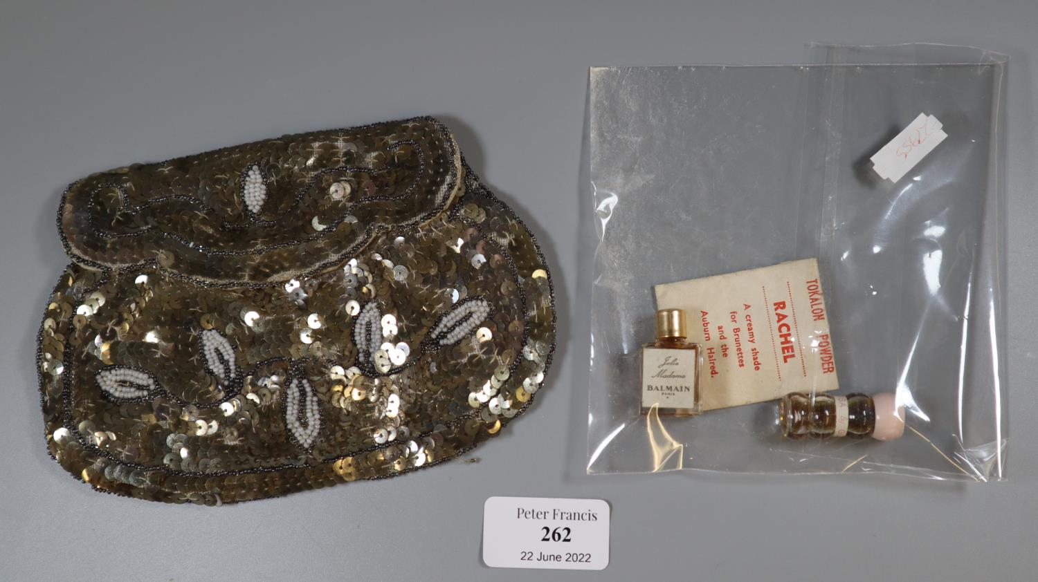 A vintage sequin and beaded handbag together with two miniature perfumes, Julio Madame by Balmain