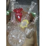 Small box of glassware to include: 3 decanters, bell shaped decanter, bulbous decanter, small