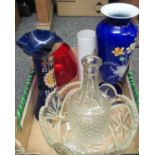 Small box of assorted glassware to include: moulded glass decanter and bowl, 2 blue glass vases,